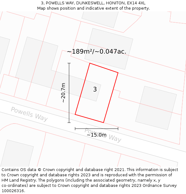 3, POWELLS WAY, DUNKESWELL, HONITON, EX14 4XL: Plot and title map