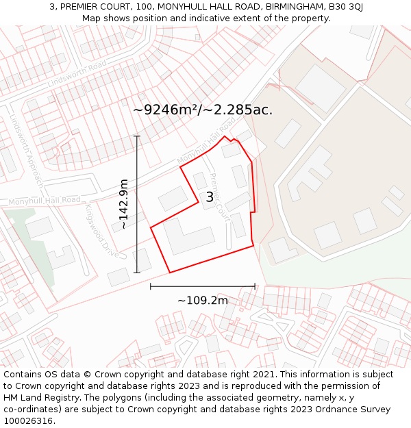 3, PREMIER COURT, 100, MONYHULL HALL ROAD, BIRMINGHAM, B30 3QJ: Plot and title map