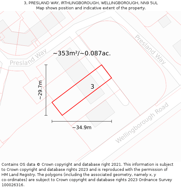 3, PRESLAND WAY, IRTHLINGBOROUGH, WELLINGBOROUGH, NN9 5UL: Plot and title map