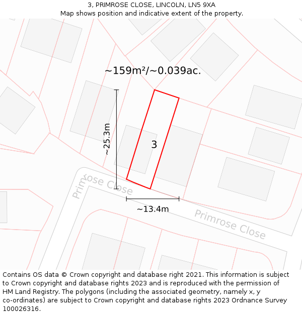 3, PRIMROSE CLOSE, LINCOLN, LN5 9XA: Plot and title map