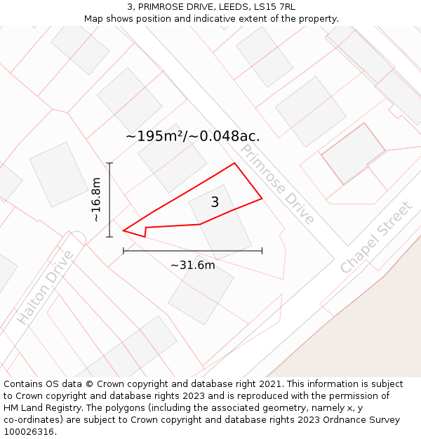 3, PRIMROSE DRIVE, LEEDS, LS15 7RL: Plot and title map