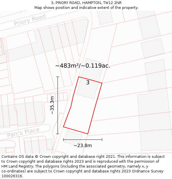 3, PRIORY ROAD, HAMPTON, TW12 2NR: Plot and title map