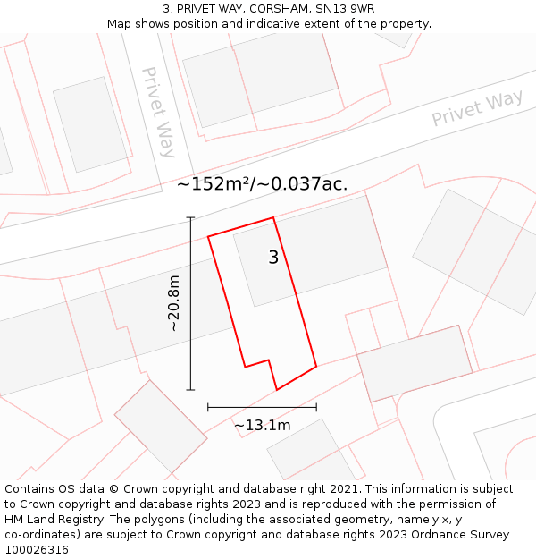 3, PRIVET WAY, CORSHAM, SN13 9WR: Plot and title map