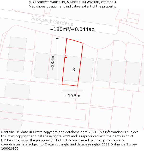 3, PROSPECT GARDENS, MINSTER, RAMSGATE, CT12 4EH: Plot and title map