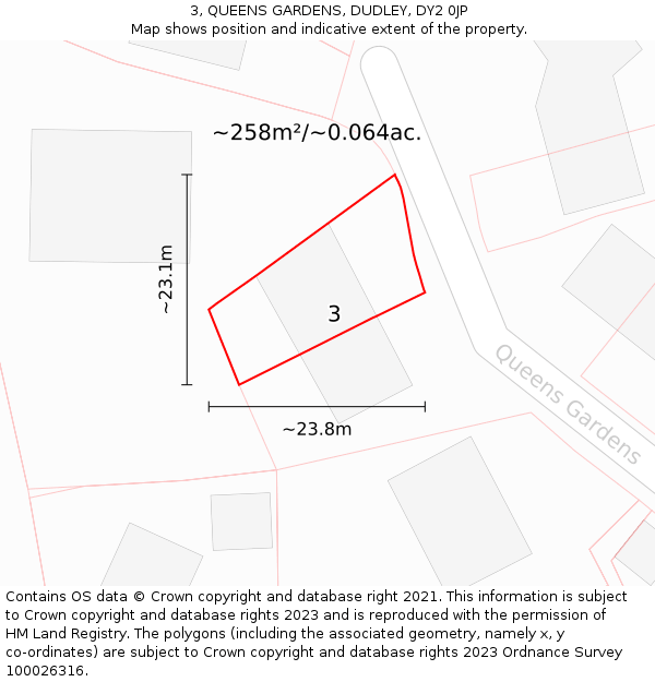 3, QUEENS GARDENS, DUDLEY, DY2 0JP: Plot and title map