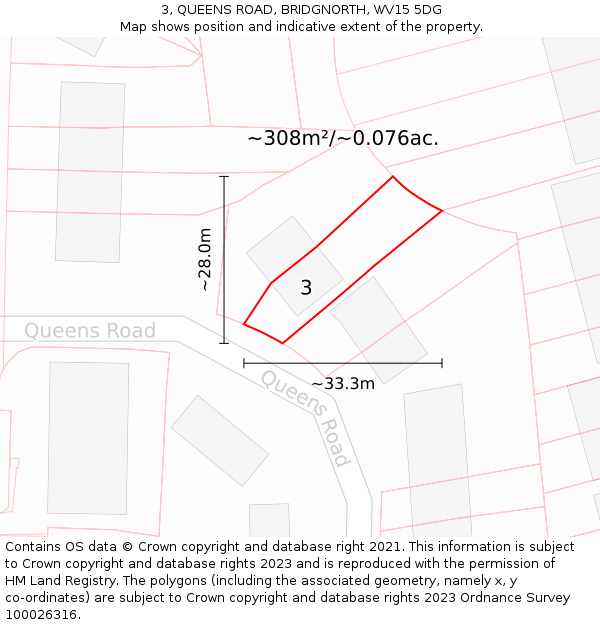 3, QUEENS ROAD, BRIDGNORTH, WV15 5DG: Plot and title map