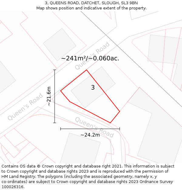 3, QUEENS ROAD, DATCHET, SLOUGH, SL3 9BN: Plot and title map