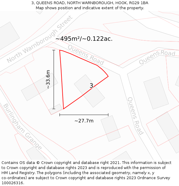 3, QUEENS ROAD, NORTH WARNBOROUGH, HOOK, RG29 1BA: Plot and title map