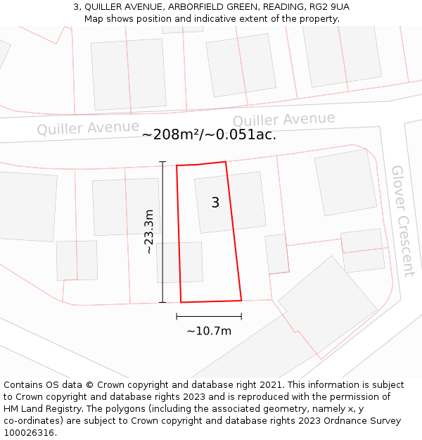 3, QUILLER AVENUE, ARBORFIELD GREEN, READING, RG2 9UA: Plot and title map