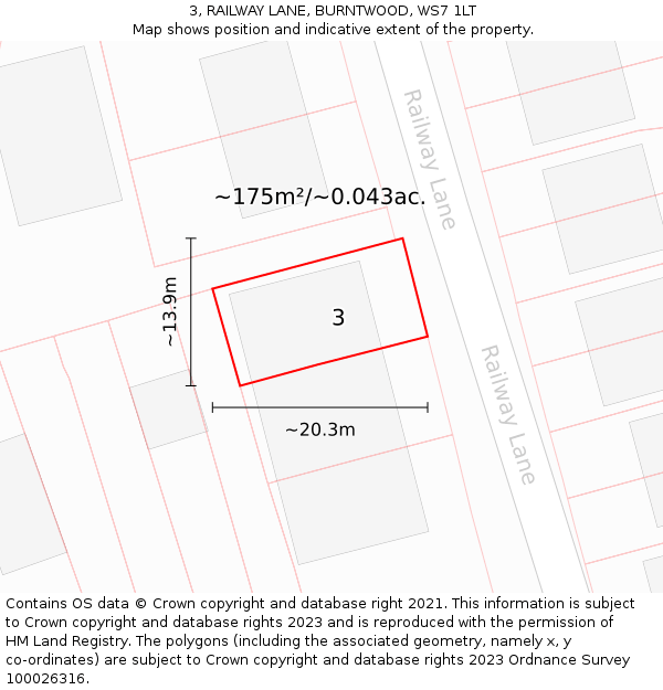 3, RAILWAY LANE, BURNTWOOD, WS7 1LT: Plot and title map