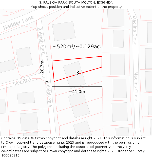 3, RALEIGH PARK, SOUTH MOLTON, EX36 4DN: Plot and title map