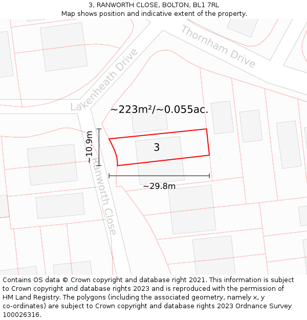 3, RANWORTH CLOSE, BOLTON, BL1 7RL: Plot and title map