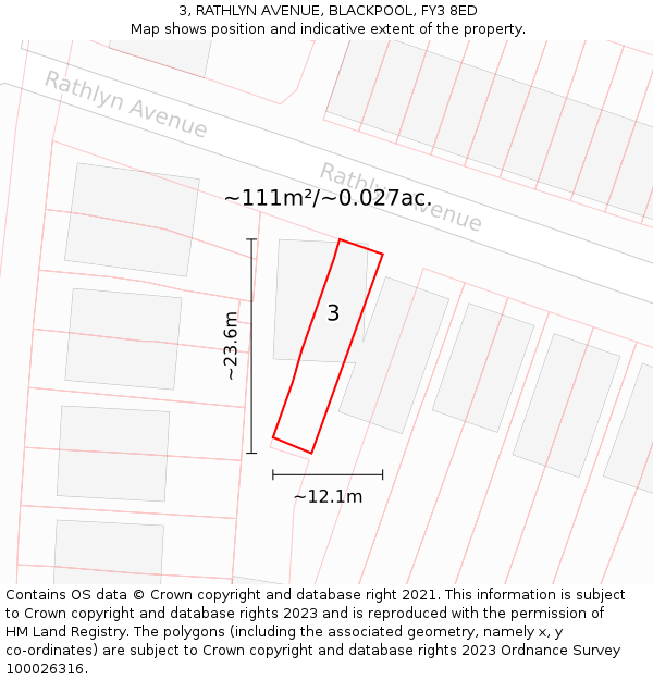 3, RATHLYN AVENUE, BLACKPOOL, FY3 8ED: Plot and title map