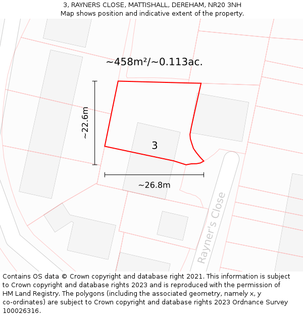 3, RAYNERS CLOSE, MATTISHALL, DEREHAM, NR20 3NH: Plot and title map