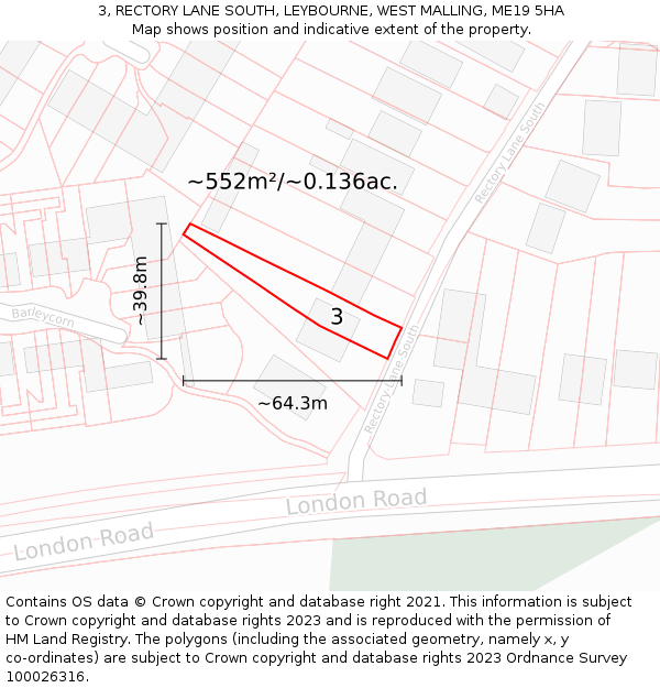 3, RECTORY LANE SOUTH, LEYBOURNE, WEST MALLING, ME19 5HA: Plot and title map