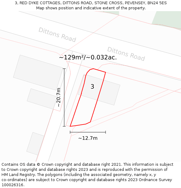 3, RED DYKE COTTAGES, DITTONS ROAD, STONE CROSS, PEVENSEY, BN24 5ES: Plot and title map