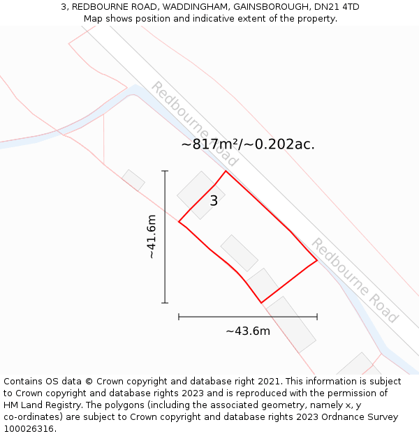 3, REDBOURNE ROAD, WADDINGHAM, GAINSBOROUGH, DN21 4TD: Plot and title map