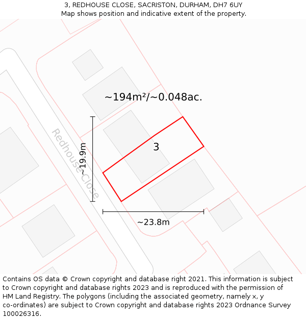 3, REDHOUSE CLOSE, SACRISTON, DURHAM, DH7 6UY: Plot and title map