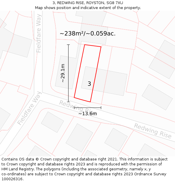 3, REDWING RISE, ROYSTON, SG8 7XU: Plot and title map