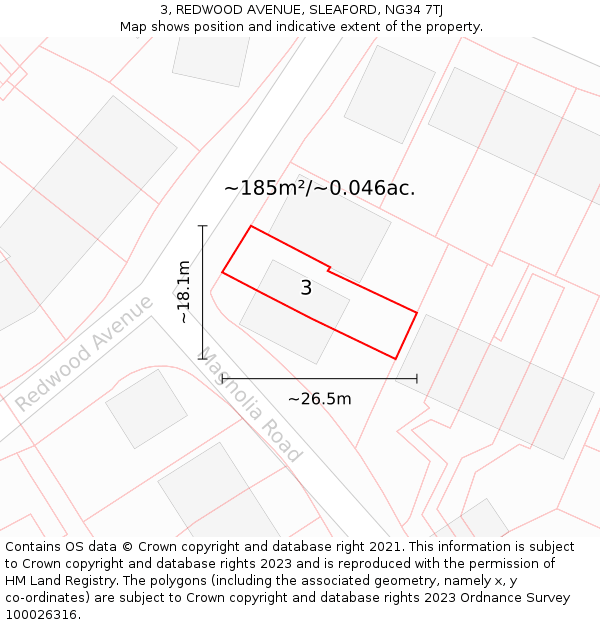 3, REDWOOD AVENUE, SLEAFORD, NG34 7TJ: Plot and title map