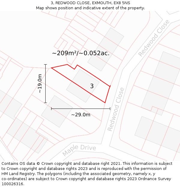 3, REDWOOD CLOSE, EXMOUTH, EX8 5NS: Plot and title map