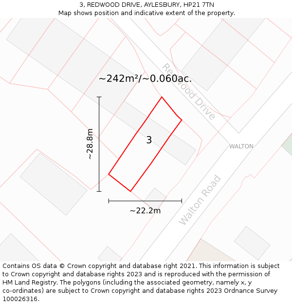 3, REDWOOD DRIVE, AYLESBURY, HP21 7TN: Plot and title map