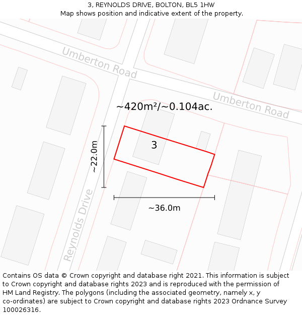 3, REYNOLDS DRIVE, BOLTON, BL5 1HW: Plot and title map