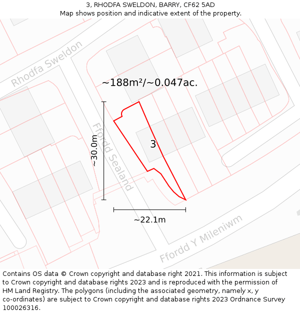 3, RHODFA SWELDON, BARRY, CF62 5AD: Plot and title map