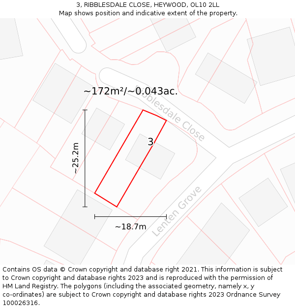 3, RIBBLESDALE CLOSE, HEYWOOD, OL10 2LL: Plot and title map