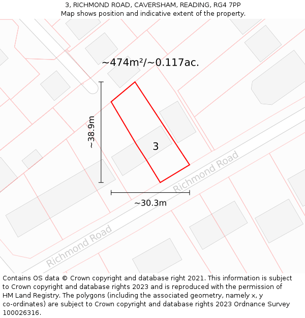 3, RICHMOND ROAD, CAVERSHAM, READING, RG4 7PP: Plot and title map