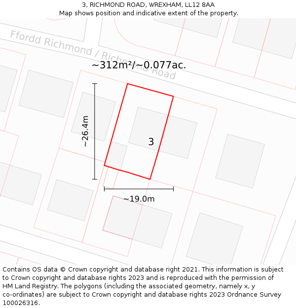 3, RICHMOND ROAD, WREXHAM, LL12 8AA: Plot and title map