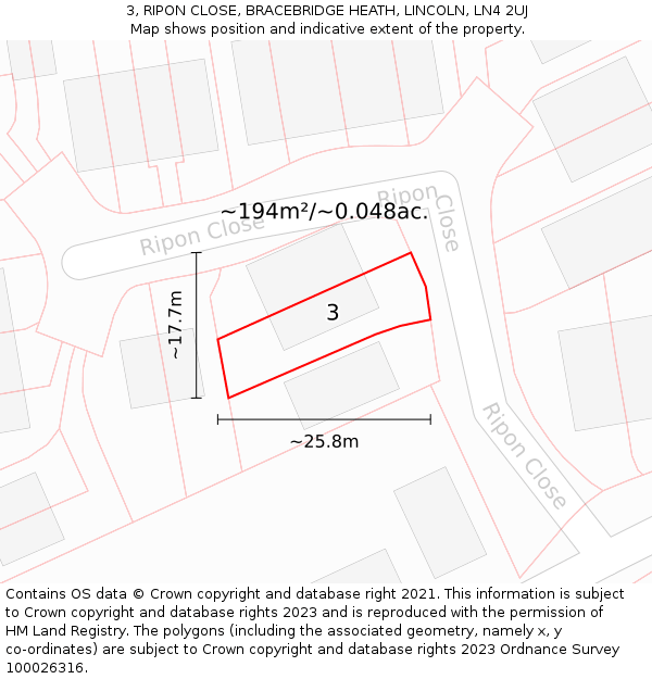 3, RIPON CLOSE, BRACEBRIDGE HEATH, LINCOLN, LN4 2UJ: Plot and title map