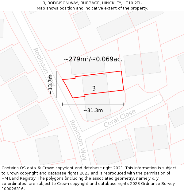 3, ROBINSON WAY, BURBAGE, HINCKLEY, LE10 2EU: Plot and title map