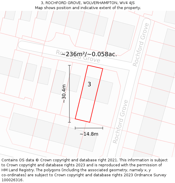 3, ROCHFORD GROVE, WOLVERHAMPTON, WV4 4JS: Plot and title map