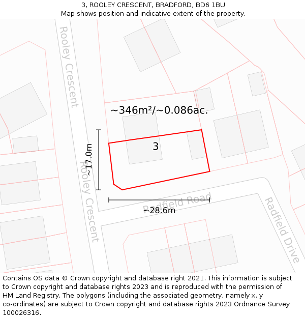 3, ROOLEY CRESCENT, BRADFORD, BD6 1BU: Plot and title map