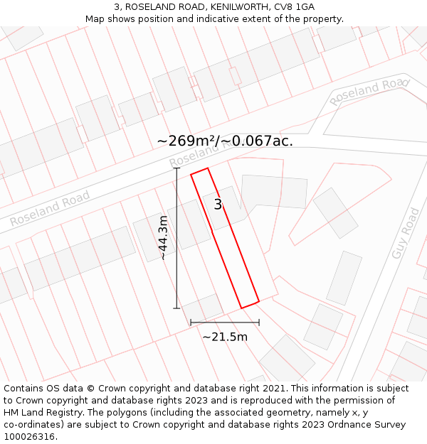 3, ROSELAND ROAD, KENILWORTH, CV8 1GA: Plot and title map