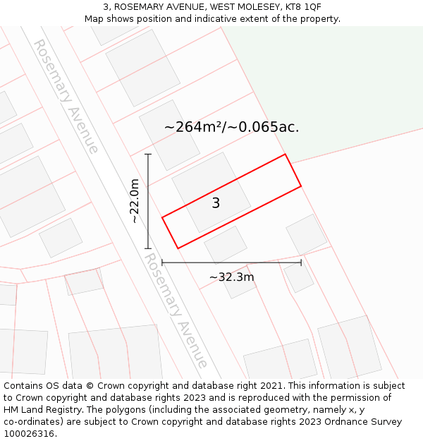 3, ROSEMARY AVENUE, WEST MOLESEY, KT8 1QF: Plot and title map