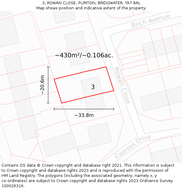 3, ROWAN CLOSE, PURITON, BRIDGWATER, TA7 8AL: Plot and title map