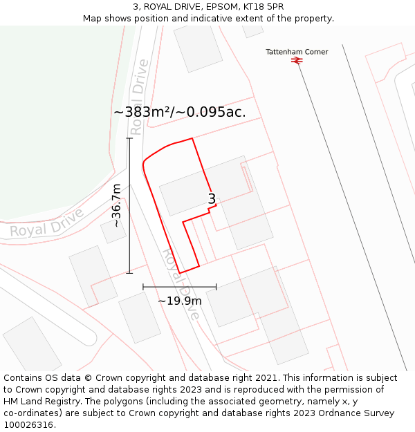 3, ROYAL DRIVE, EPSOM, KT18 5PR: Plot and title map