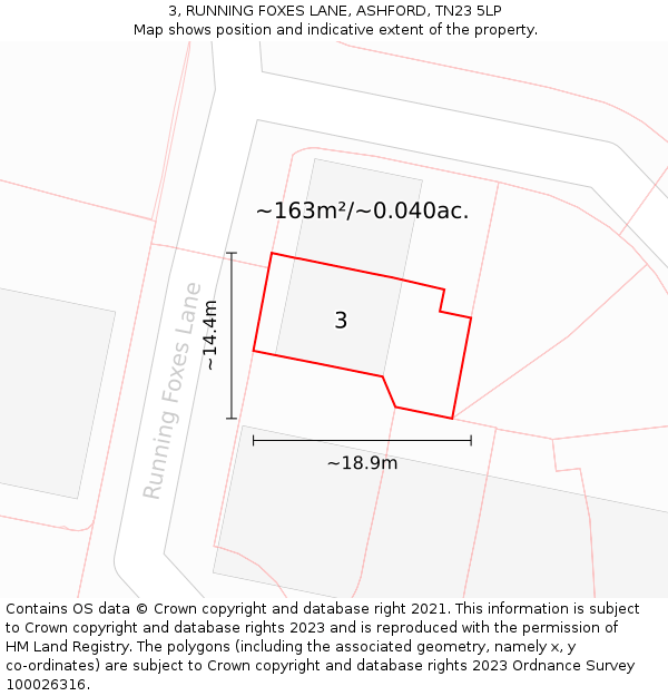 3, RUNNING FOXES LANE, ASHFORD, TN23 5LP: Plot and title map