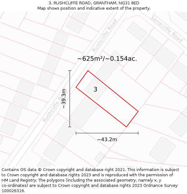 3, RUSHCLIFFE ROAD, GRANTHAM, NG31 8ED: Plot and title map