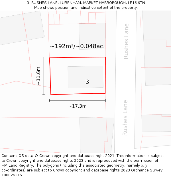 3, RUSHES LANE, LUBENHAM, MARKET HARBOROUGH, LE16 9TN: Plot and title map