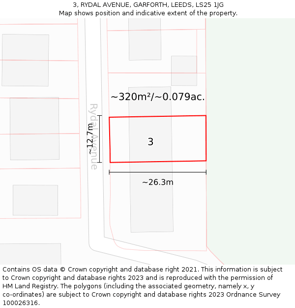 3, RYDAL AVENUE, GARFORTH, LEEDS, LS25 1JG: Plot and title map