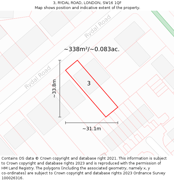 3, RYDAL ROAD, LONDON, SW16 1QF: Plot and title map