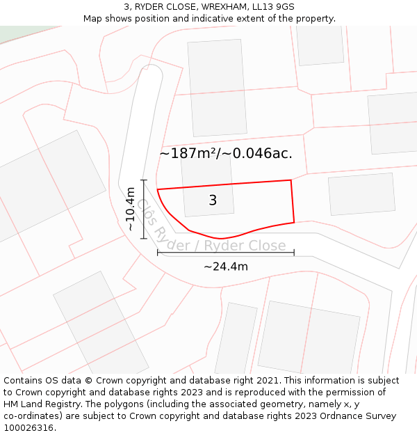 3, RYDER CLOSE, WREXHAM, LL13 9GS: Plot and title map