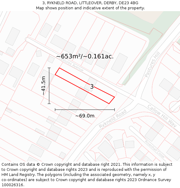 3, RYKNELD ROAD, LITTLEOVER, DERBY, DE23 4BG: Plot and title map