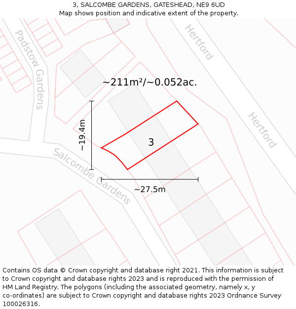 3, SALCOMBE GARDENS, GATESHEAD, NE9 6UD: Plot and title map