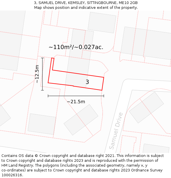 3, SAMUEL DRIVE, KEMSLEY, SITTINGBOURNE, ME10 2GB: Plot and title map