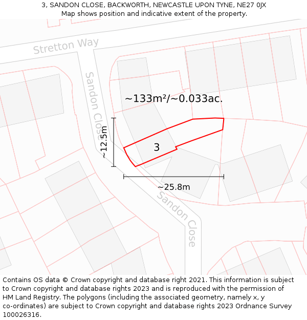 3, SANDON CLOSE, BACKWORTH, NEWCASTLE UPON TYNE, NE27 0JX: Plot and title map