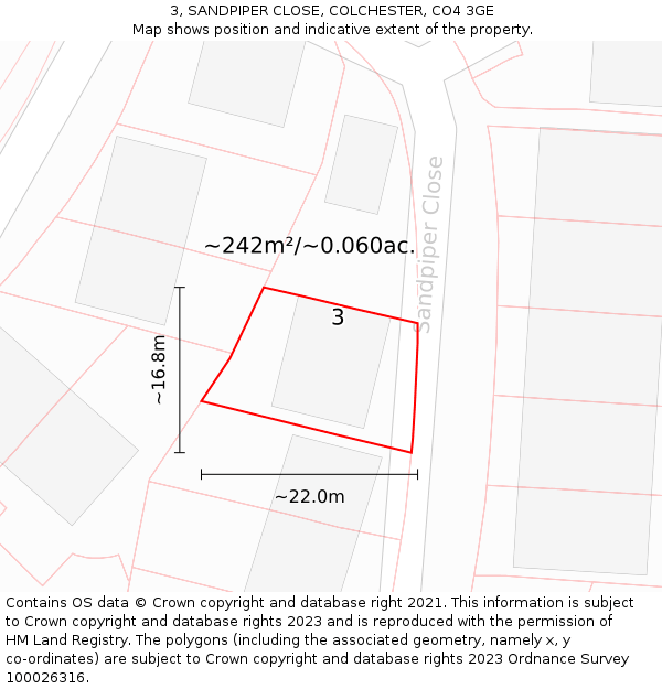 3, SANDPIPER CLOSE, COLCHESTER, CO4 3GE: Plot and title map